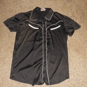 Howdy Hanny Pearl Snap Black Satin Top XL